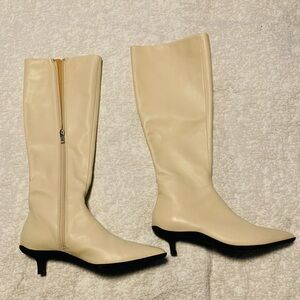 100% Leather Cream Heeled Boots, Sz 6.5